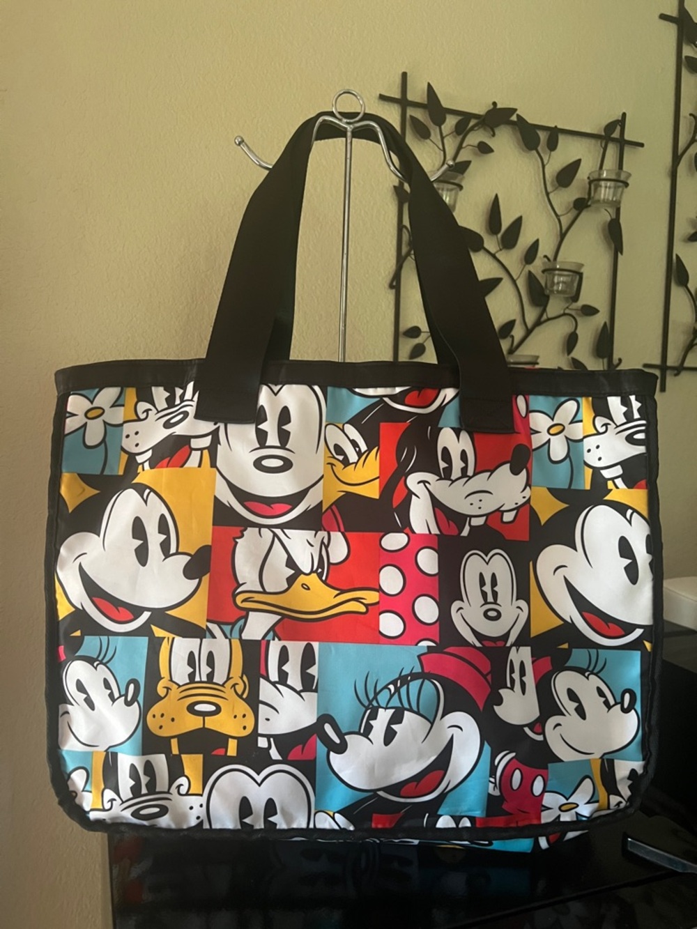 Disney Colorful Cartoon Patchwork Tote Bag with Black Handles